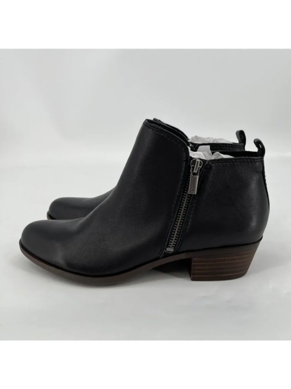 Lucky Brand Basel Bootie Black Leather Size 8.5M Ankle Boots Dual Zip Block Heel